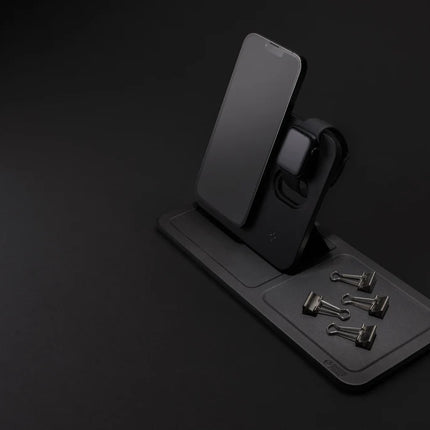 Swiss Peak 3-in-1 RCS recycled PU wireless charger desk tray with phone and tablet slots on a modern workspace surface.