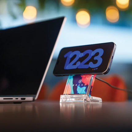 XD Collection Magcharge 15W magnetic wireless charging stand holding a smartphone and tablet for efficient charging.