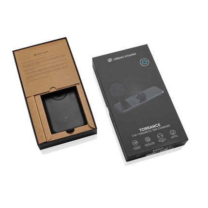 Urban Vitamin Torrance RCS 3-in-1 magnetic 15W charger for phone and tablet with sleek design and multiple charging options.