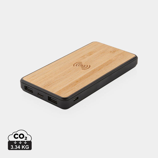 XD Collection RCS recycled plastic 8000mAh wireless powerbank for phones and tablets showing a sleek black design with ports.