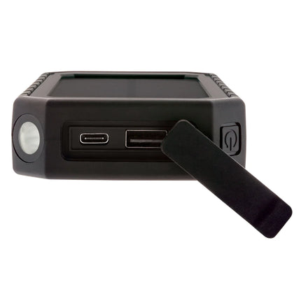  showing portable device with solar panel and charging features.