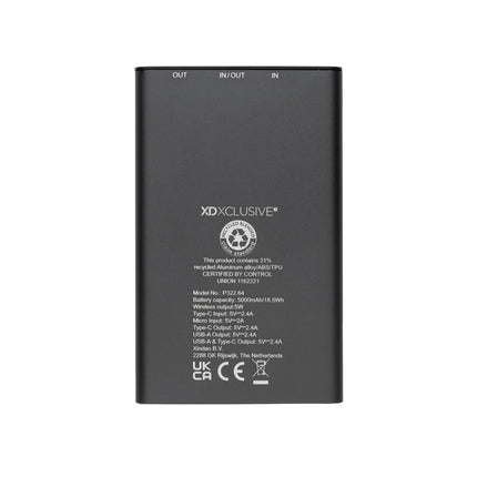 XD Xclusive Terra RCS recycled aluminium 5000mAh powerbank with 5W wireless charging for phones and tablets.