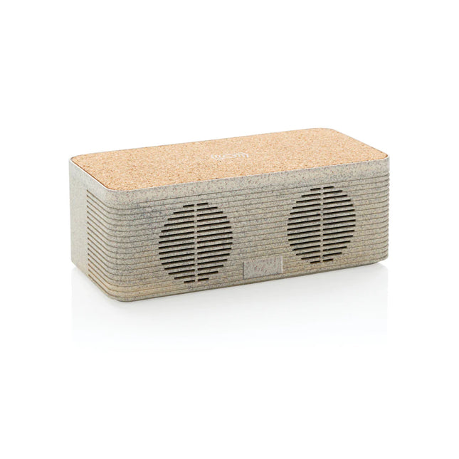 Wheat straw wireless charging speaker by XD Collection with built-in audio controls and eco-friendly wheat straw exterior.