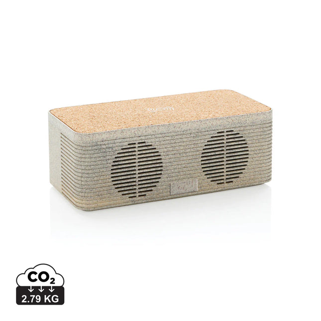 Wheat straw wireless charging speaker by XD Collection with built-in audio controls and eco-friendly design.