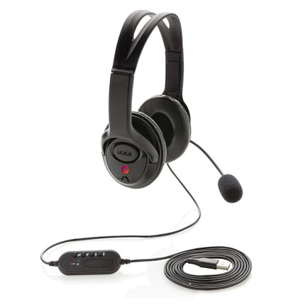 Over-ear wired work headset from XD Collection with cushioned ear cups and adjustable headband for comfortable audio communication.