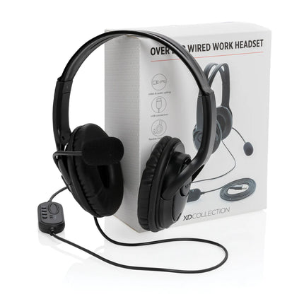 Over-ear wired work headset from XD Collection with padded ear cups and adjustable headband for comfortable audio communication.