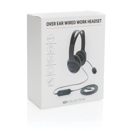 Wired over-ear audio work headset from XD Collection with cushioned ear cups and adjustable headband for professional use.