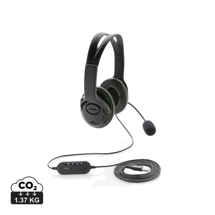 Over-ear wired work headset from XD Collection with padded ear cups and adjustable headband for comfortable audio communication.