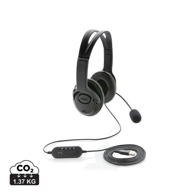 Over-ear wired work headset from XD Collection with padded ear cups and adjustable headband for comfortable audio communication.