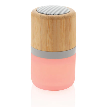 Bamboo color-changing 3W speaker light by XD Collection showing a sleek bamboo design with LED lighting and audio controls.