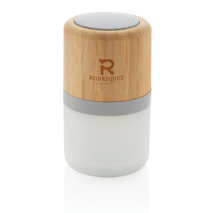  showcasing its eco-friendly bamboo design and lighting features.