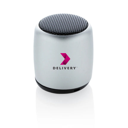  compact portable audio device with sleek metallic finish.