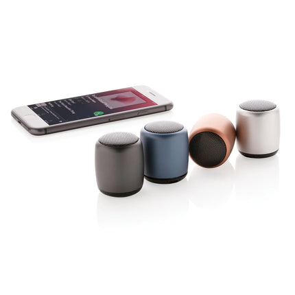  compact portable audio device with sleek metallic finish.
