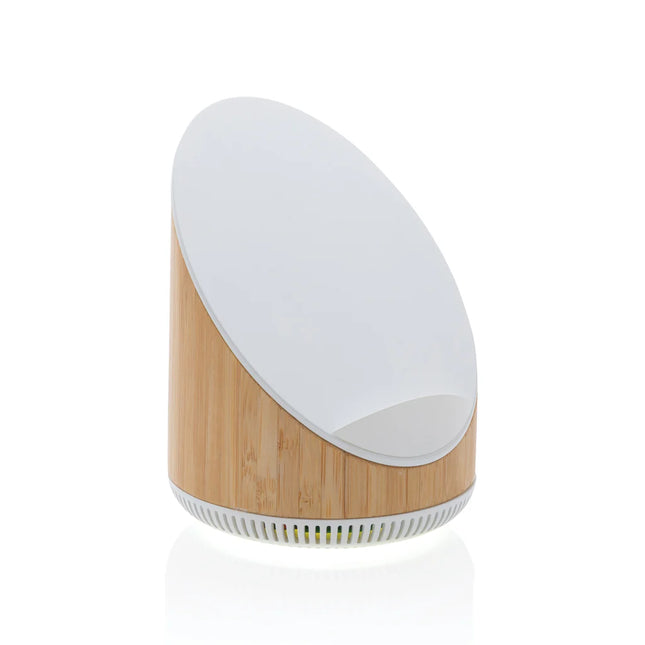  showing the sleek bamboo design and charging pad.