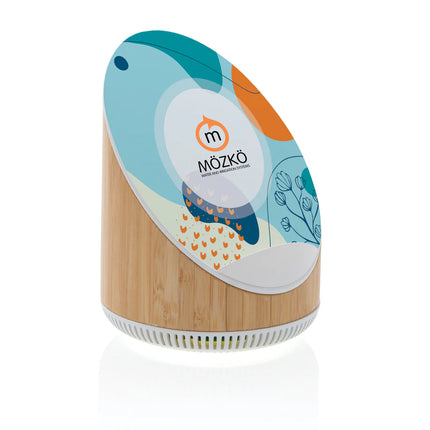 showing the sleek bamboo design and charging pad.