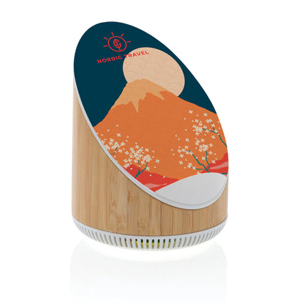  showcasing sleek bamboo design and audio controls.