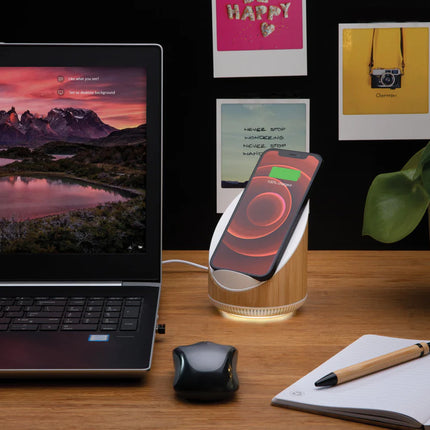 Ovate bamboo XD Xclusive 5W speaker with integrated 15W wireless charger