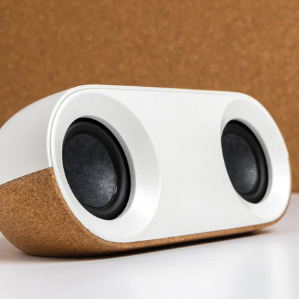 XD Xclusive RCS recycled plastic and cork 10W audio speaker with a compact design and eco-friendly materials.
