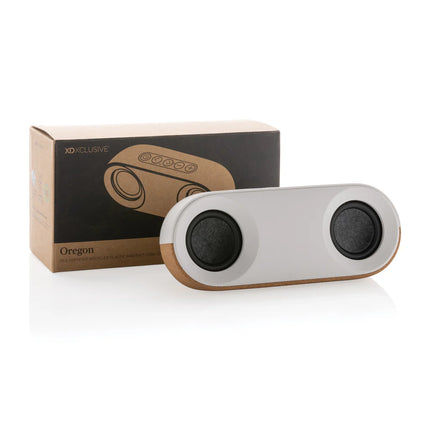 XD Xclusive RCS recycled plastic and cork 10W audio speaker showing eco-friendly design with textured surface and compact size.