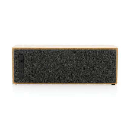XD Xclusive Wynn 10W bamboo wireless speaker showing its sleek bamboo exterior and compact design for high-quality audio.