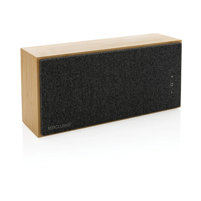 Wireless bamboo speaker by XD Xclusive with compact design and control buttons