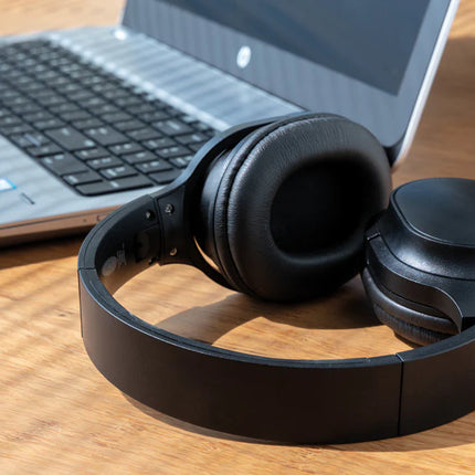 XD Collection RCS recycled plastic Elite Foldable wireless headphone in black with padded ear cushions and adjustable headband.