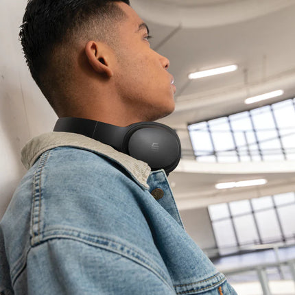  black over-ear audio headphones with cushioned ear cups and adjustable headband.