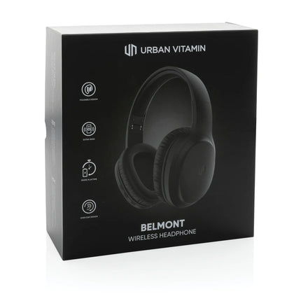 Urban Vitamin Belmont wireless headphones in black with over-ear design and cushioned ear cups for comfortable listening.