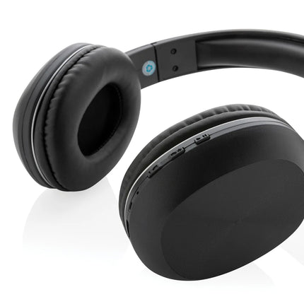 sleek black audio device with ear cushions and wireless control buttons.