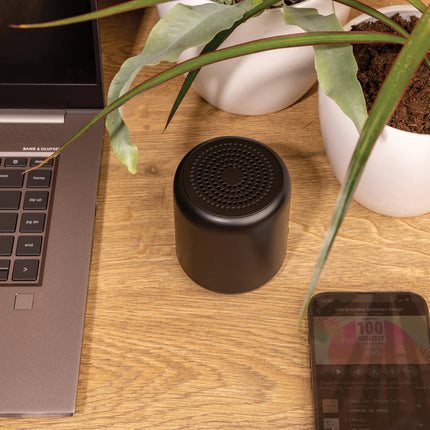 XD Collection RCS certified recycled plastic 5W wireless speaker showing the compact black audio device with control buttons