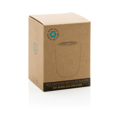 XD Collection RCS certified recycled plastic 5W wireless speaker for portable audio with eco-friendly design and compact size.