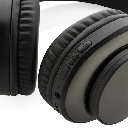  sleek black audio earbuds with cushioned ear cups and adjustable headband.