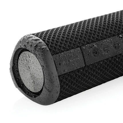 Urban Vitamin IPX7 waterproof 10W audio speaker showing a sleek black design with control buttons and a durable build.