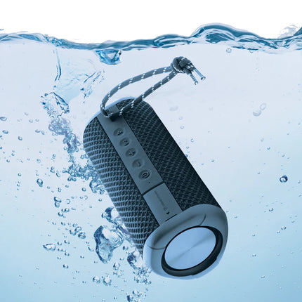 Urban Vitamin IPX7 waterproof 10W Bluetooth speaker shown in black with a cylindrical design and control buttons on top.