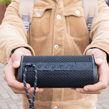 Urban Vitamin IPX7 waterproof 10W portable speaker displaying a sleek black design with control buttons on top.