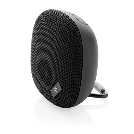 Urban Vitamin IPX7 waterproof 5W portable Bluetooth speaker showing a sleek black design with control buttons on top.