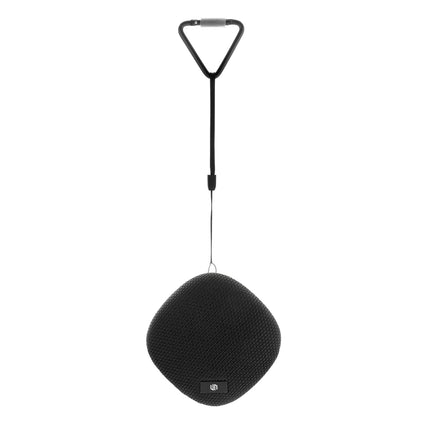 Urban Vitamin IPX7 waterproof 5W audio speaker shown on a surface with a sleek black design and compact size.