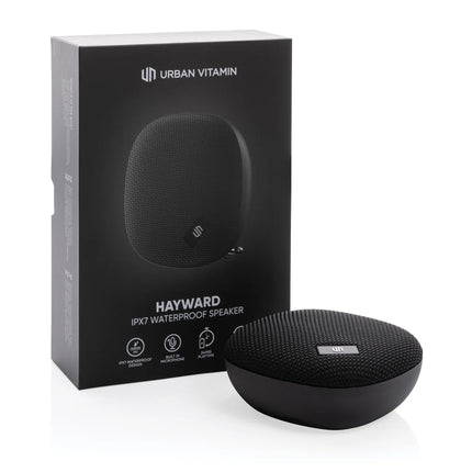 Urban Vitamin IPX7 waterproof 5W audio speaker shown with sleek design and portable build for outdoor use.