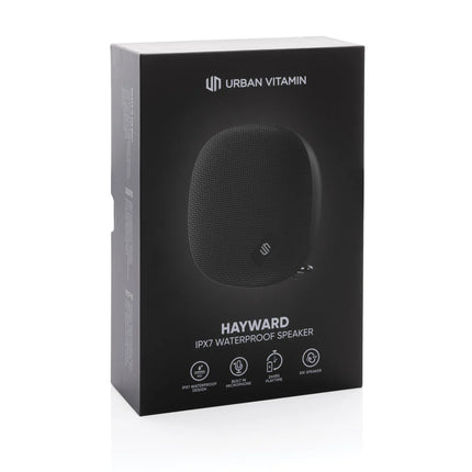 Urban Vitamin IPX7 waterproof 5W portable audio speaker shown with rugged design and compact size for outdoor use.