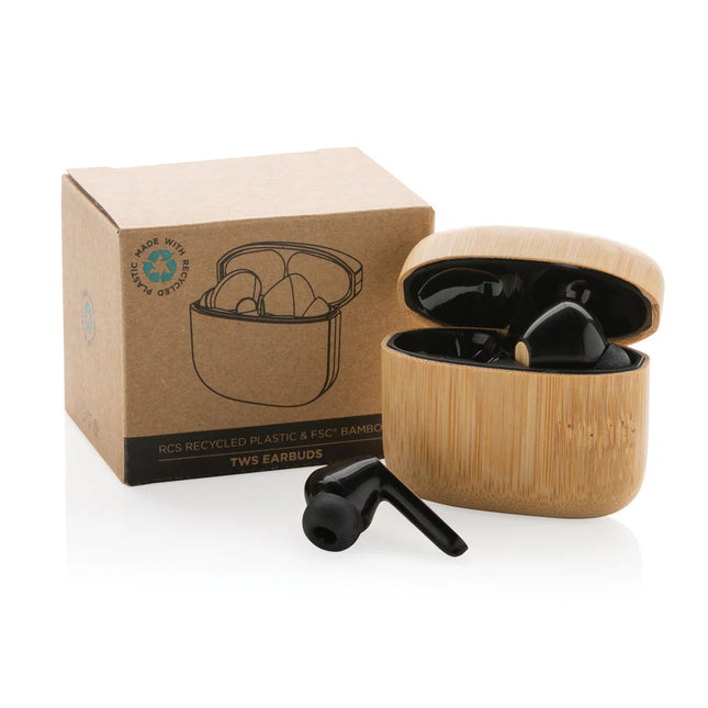  wireless audio earbuds shown with charging case and eco-friendly design