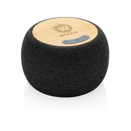 XD Collection RCS plastic/PET and bamboo 5W audio speaker showing a sleek portable design with bamboo accents.