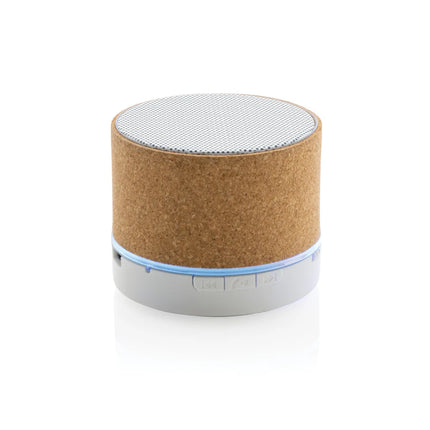  compact portable audio device with a cork finish and built-in Bluetooth connectivity.