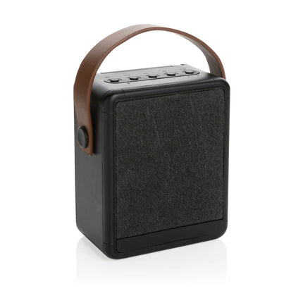  12W portable audio device with solar charging and eco-friendly design.