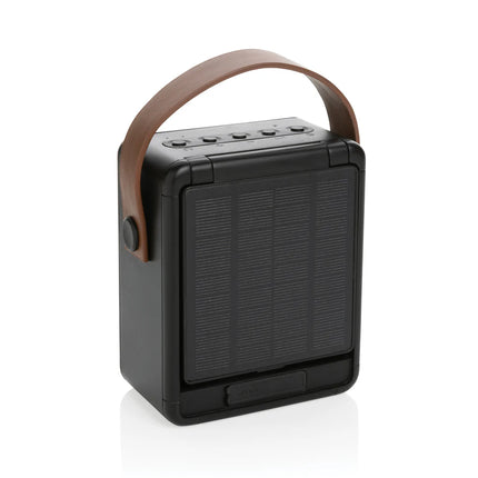  12W portable audio device with built-in solar panel and eco-friendly design.