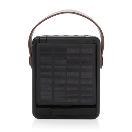  showing a 12W portable audio device with solar panel and rugged design.