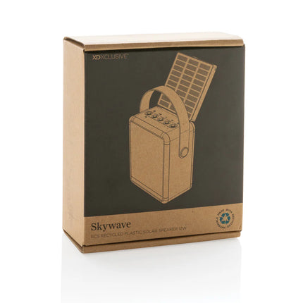  12W audio device with built-in solar panel and durable design.