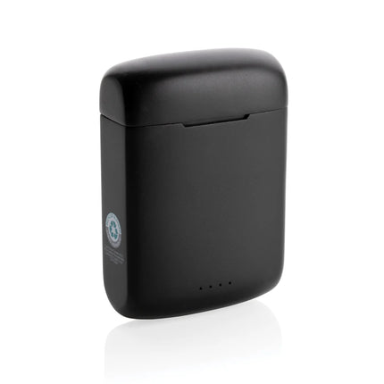  showing sleek black audio earbuds with solar panel details.