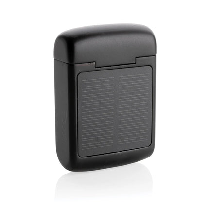  black audio earbuds with solar charging features and eco-friendly design.