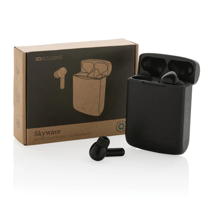  close-up of sleek black audio earbuds with solar panels
