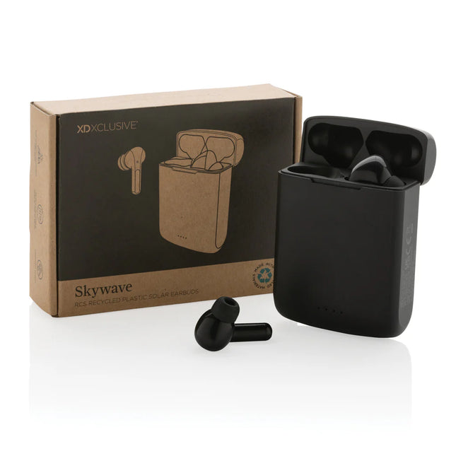  close-up of sleek black audio earbuds with solar panels